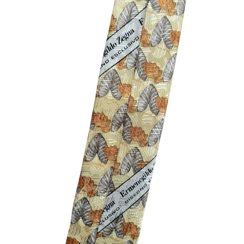 Ermenegildo Zegna mens necktie Abstract Leaf 100% Silk Made in Italy gold yellow